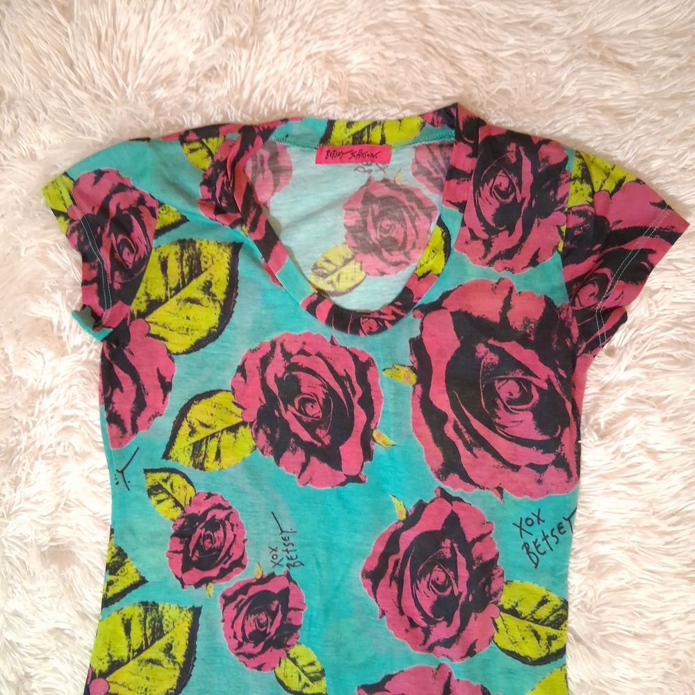 Vintage Neon Betsey Johnson Floral Print Women Top Size Small